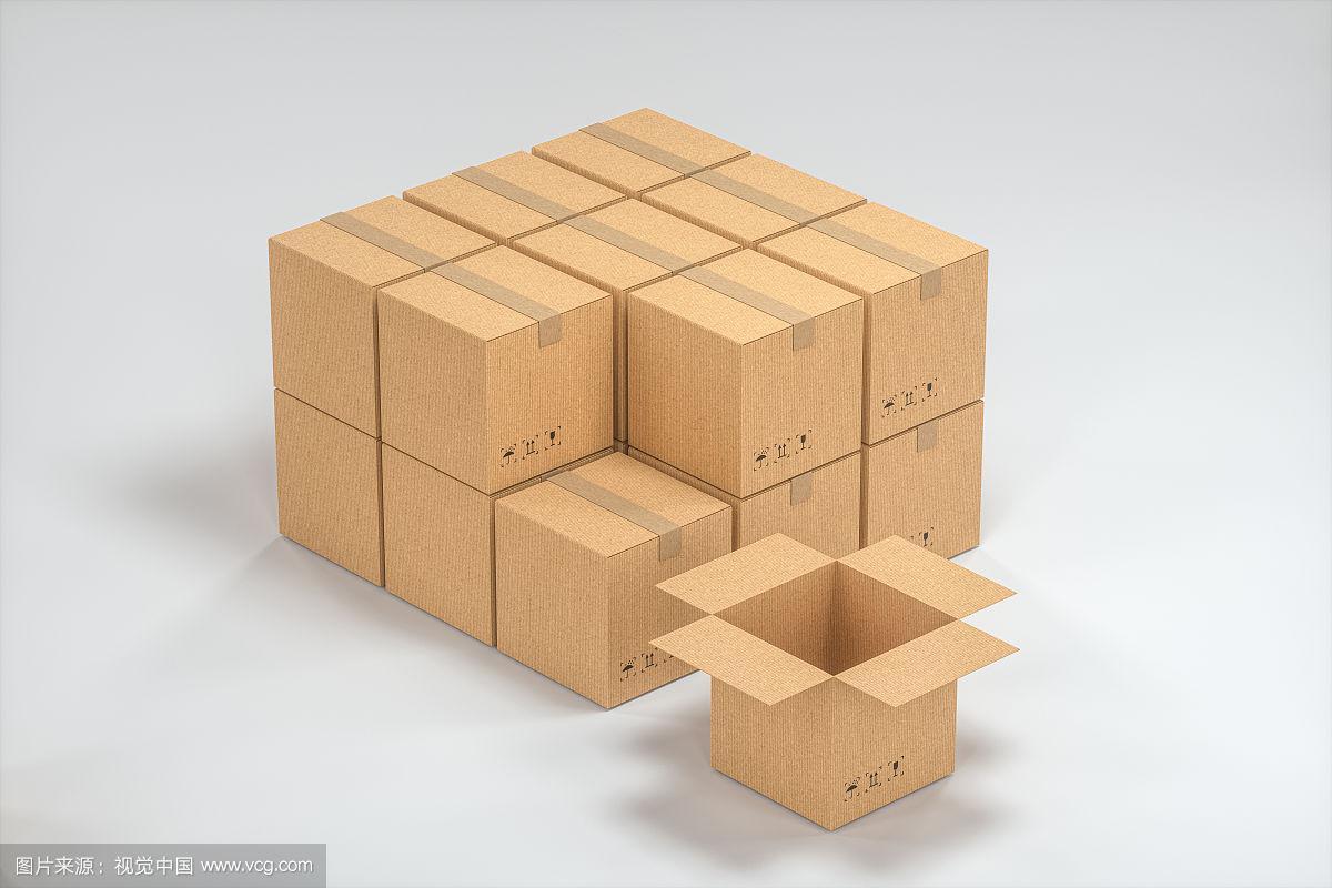 白色背景下崭新的包装箱 快递运输仓储概念图 三维渲染